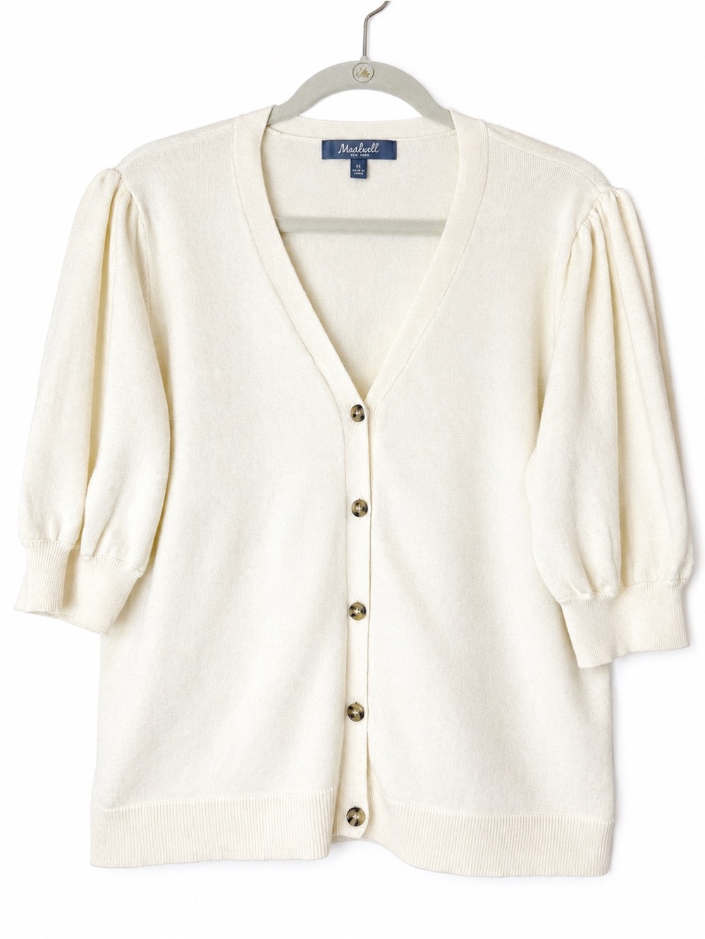 MARLED Cream Short Sleeve Puff Sleeve Cardigan V-Neck Sweater XL